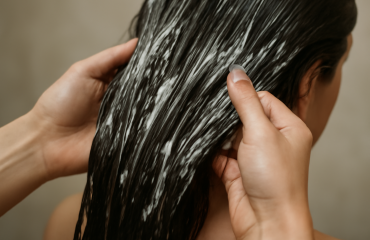 main appliquant masque sur cheveux longs