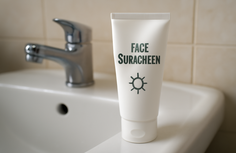 crème solaire visage sur coin de lavabo