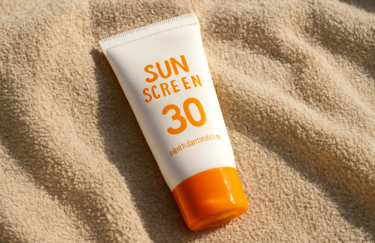 tube de crème solaire posé sur serviette