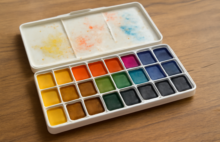 palette aux tons lumineux ouverte sur table