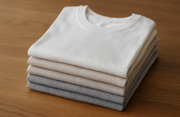 pile de t-shirts neutres sur une table