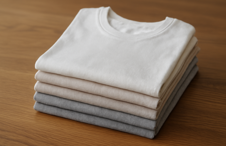 pile de t-shirts neutres sur une table