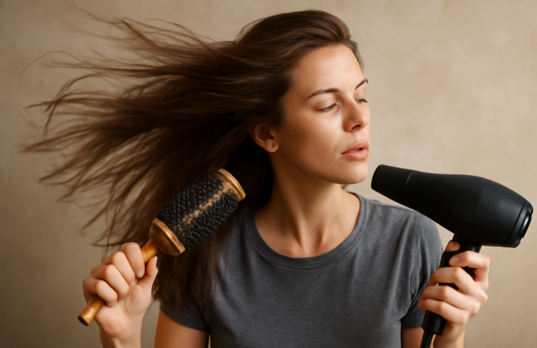 femme soufflant cheveux avec brosse ronde