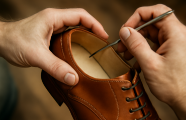 mains travaillant l'intérieur d'une chaussure neuve