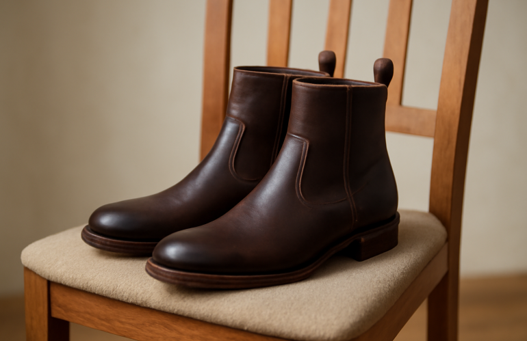 bottines en cuir posees sur une chaise