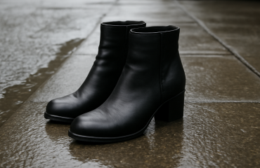 bottines posees sur un trottoir mouille