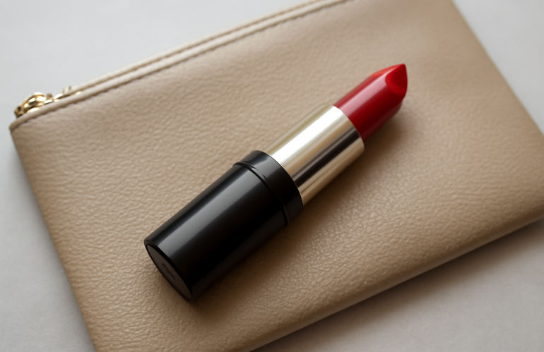 tube de rouge sur une pochette maquillage