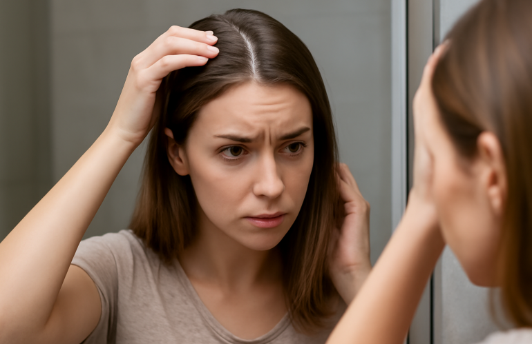 femme touchant ses racines aplaties devant miroir