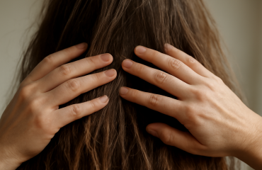 mains passant sur cheveux ternes et secs