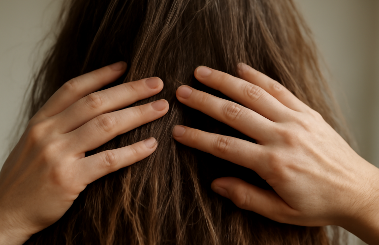 mains passant sur cheveux ternes et secs