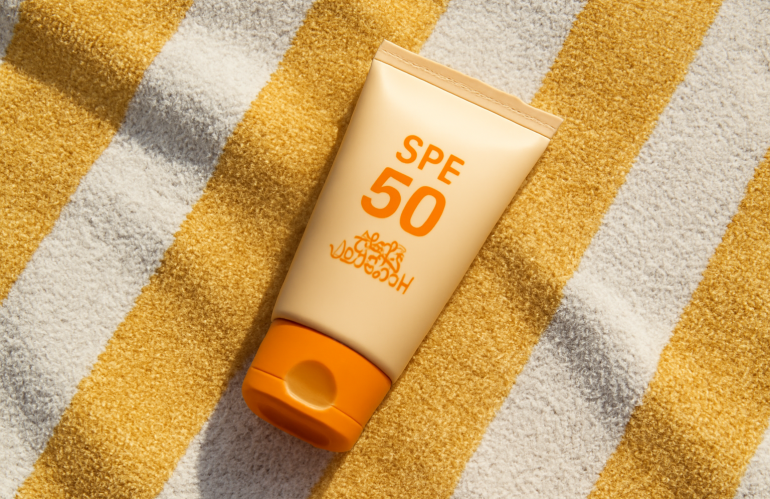 tube de creme solaire sur une serviette de plage