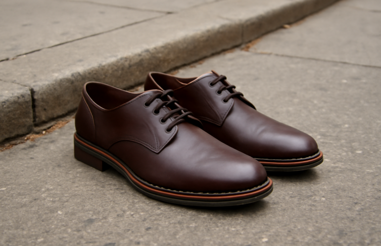 paire de derbies posees sur trottoir urbain