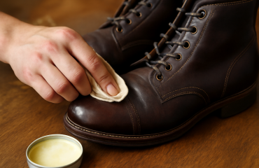 mains appliquant cire sur bottines en cuir