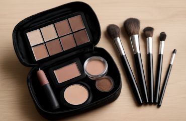trousse maquillage ouverte et pinceaux sur table