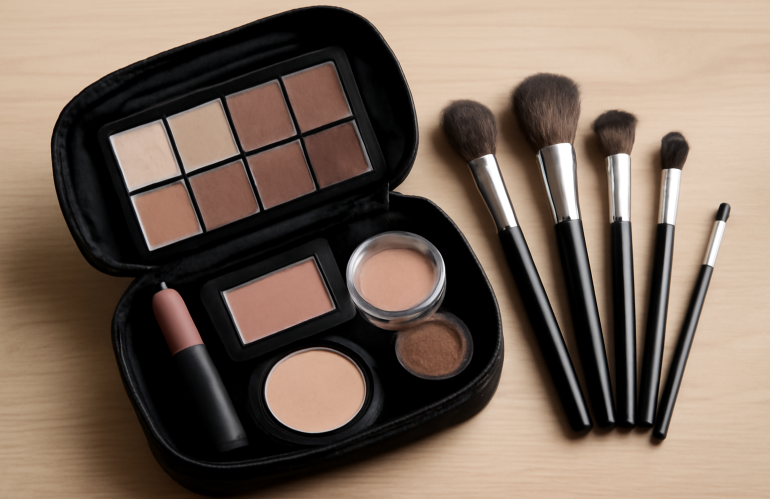 trousse maquillage ouverte et pinceaux sur table