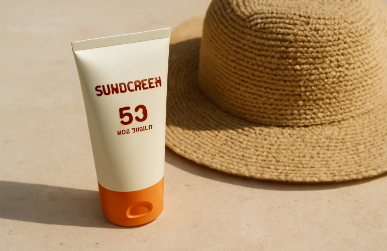 tube ecran solaire pose pres chapeau