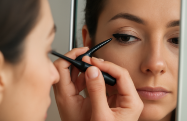 main appliquant eyeliner devant miroir