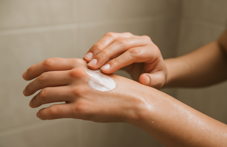 mains appliquant une crème après la douche