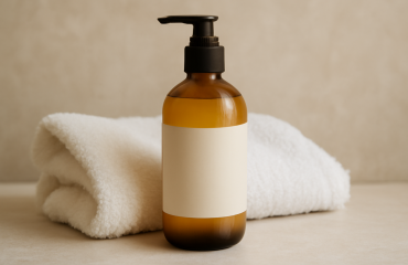 bouteille de soin capillaire et serviette
