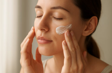 mains appliquant crème légère sur visage au matin