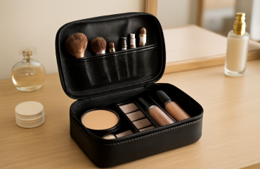 petite trousse maquillage ouverte sur une coiffeuse