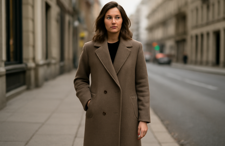 femme portant un manteau long neutre en ville