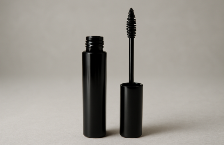 tube de mascara ouvert et brosse visible