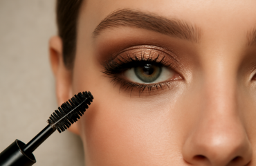 brosse de mascara posée près d'yeux maquillés