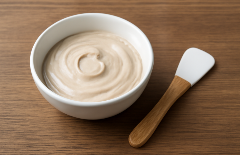bol de masque visage et spatule sur table