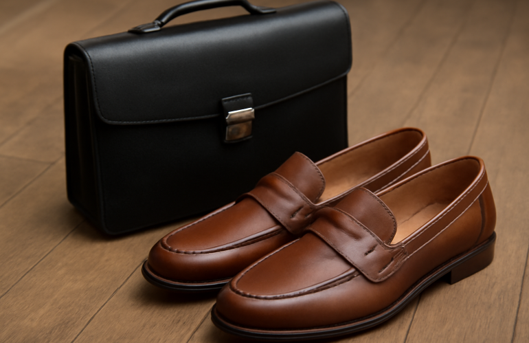 mocassins poses pres d'un sac de travail