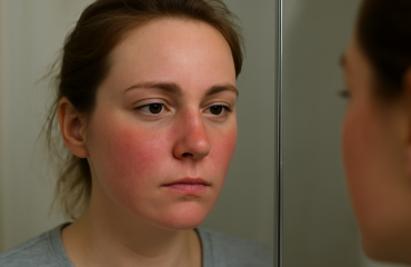 visage présentant rougeurs matinales près du miroir