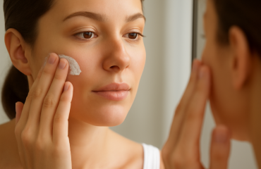 mains appliquant creme sur visage devant miroir
