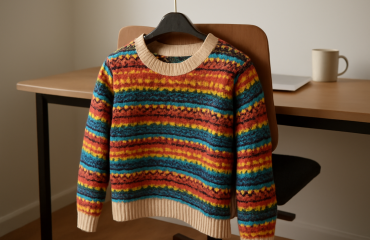 pull coloré posé sur un cintre de bureau