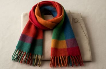 écharpe colorée posée sur tenue neutre pliée