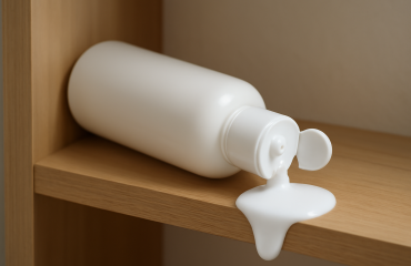 flacon de produit capillaire renverse sur etagere