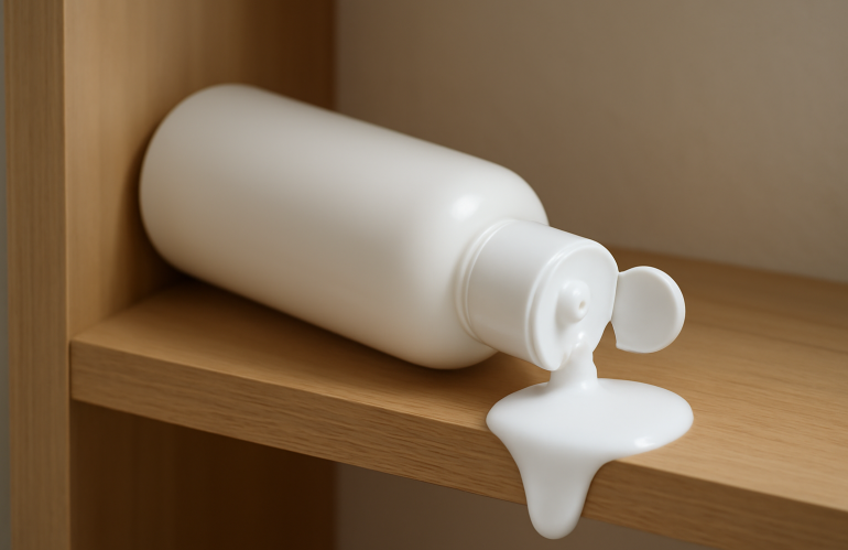 flacon de produit capillaire renverse sur etagere