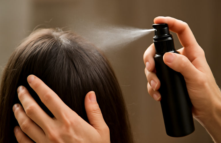 mains vaporisant spray sur cheveux avant coiffage