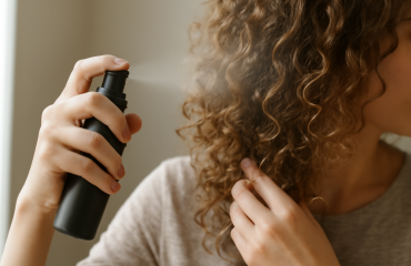 mains vaporisant un spray sur boucles le matin