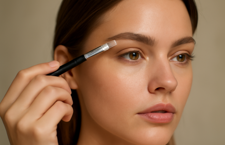 personne appliquant illuminateur sous le sourcil