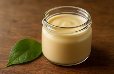 pot de creme pose sur table avec feuille