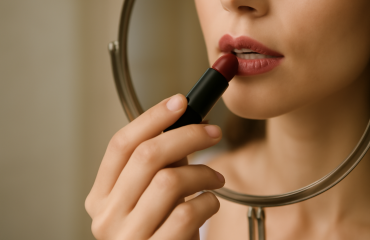 main appliquant rouge à lèvres devant miroir