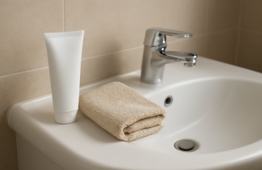 crème et gant de toilette pres d'un lavabo