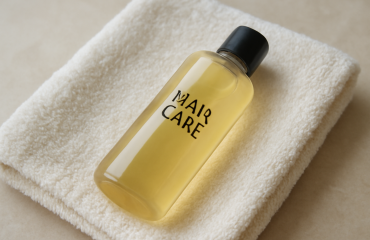 flacon de soin capillaire pose sur serviette