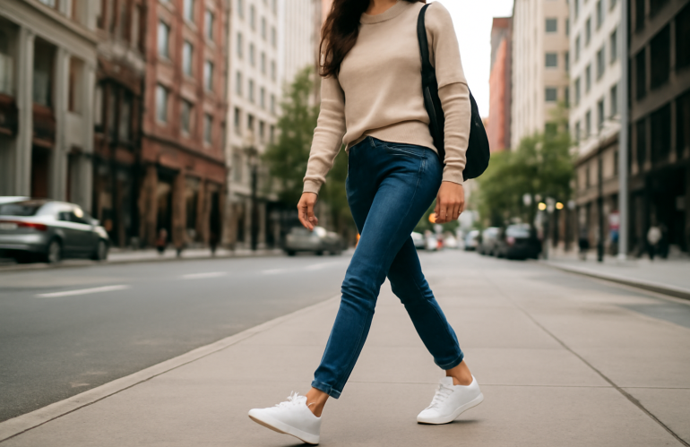 femme marchant en baskets blanches en ville