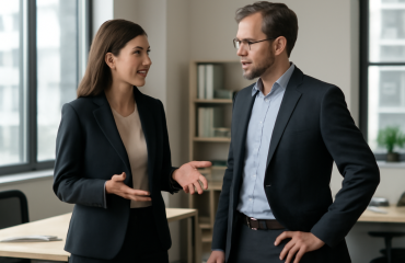 personne en tailleur discutant debout dans un bureau