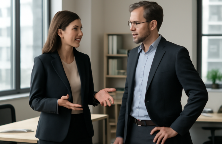 personne en tailleur discutant debout dans un bureau