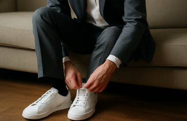 personne chaussant baskets avec tailleur