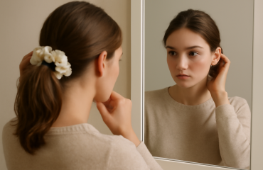 femme ajustant chouchou en soie devant miroir