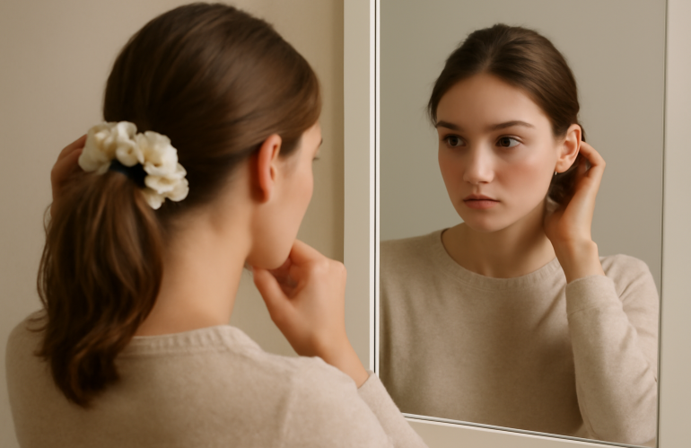 femme ajustant chouchou en soie devant miroir
