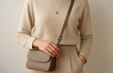 sac et bijoux discrets sur tenue monochrome